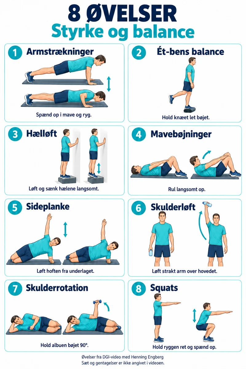 Plakat: 8 øvelser – styrke og balance