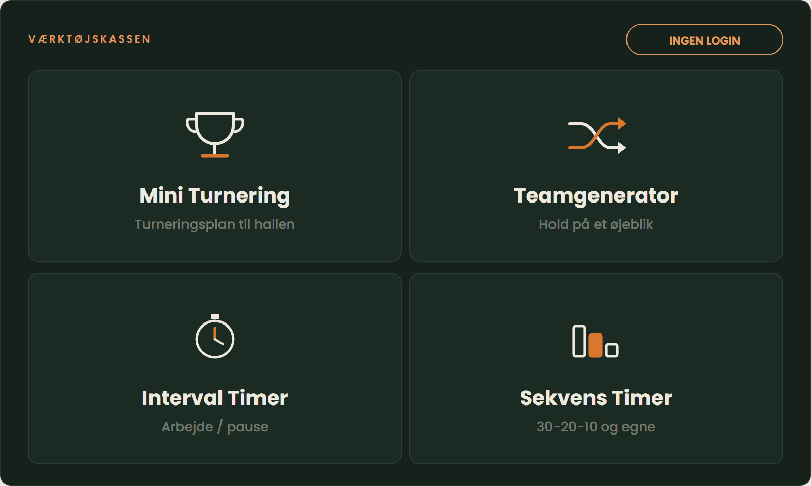 Illustration af Værktøjskassen: Mini Turnering, Teamgenerator, Interval Timer og Sekvens Timer